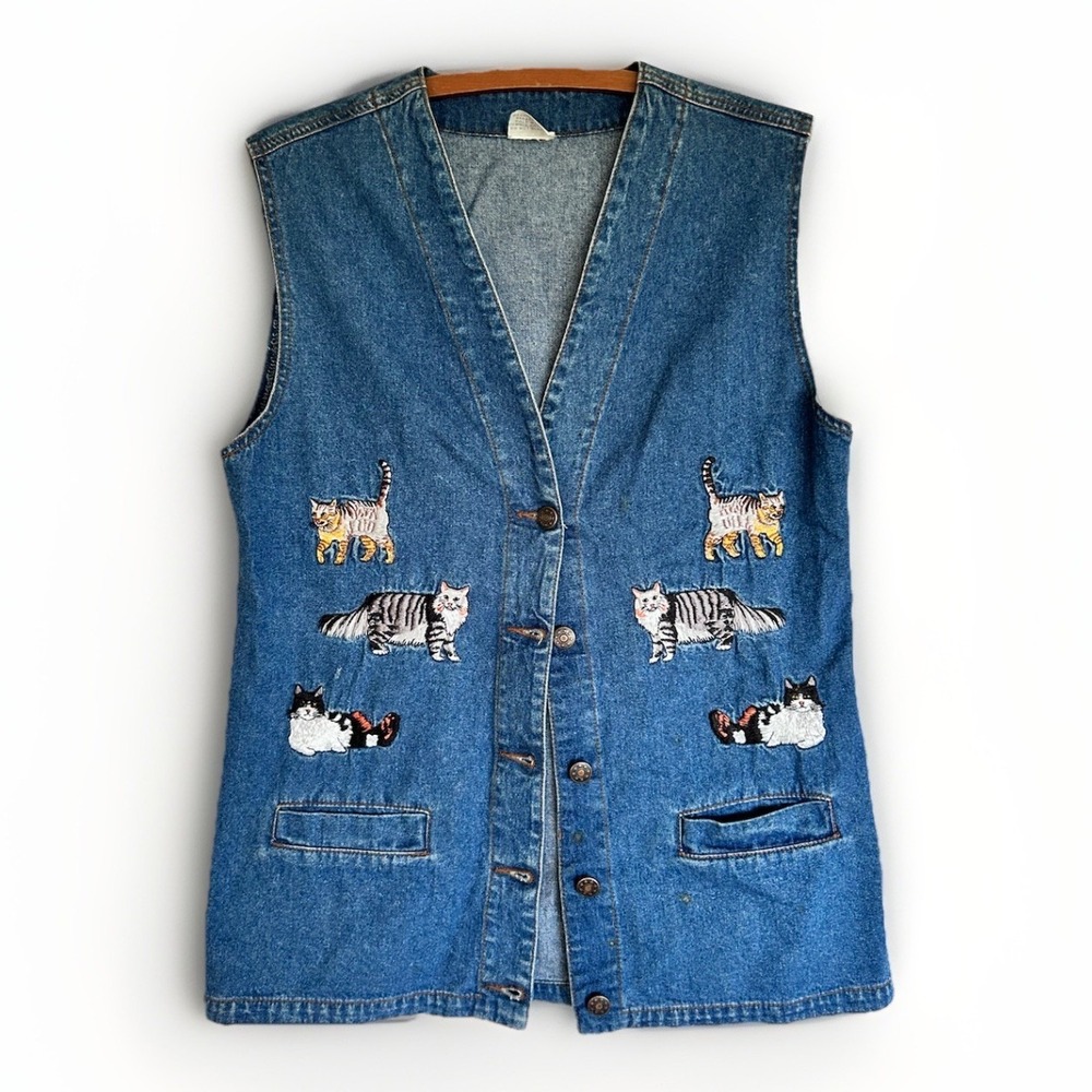Vintage Cat Lover Denim Vest 90s Y2K Cottage Grannycore Kitty Women's S/M